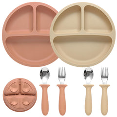 Eascrozn silicone baby feeding set divided suction plate on tray supports self-feeding without mess