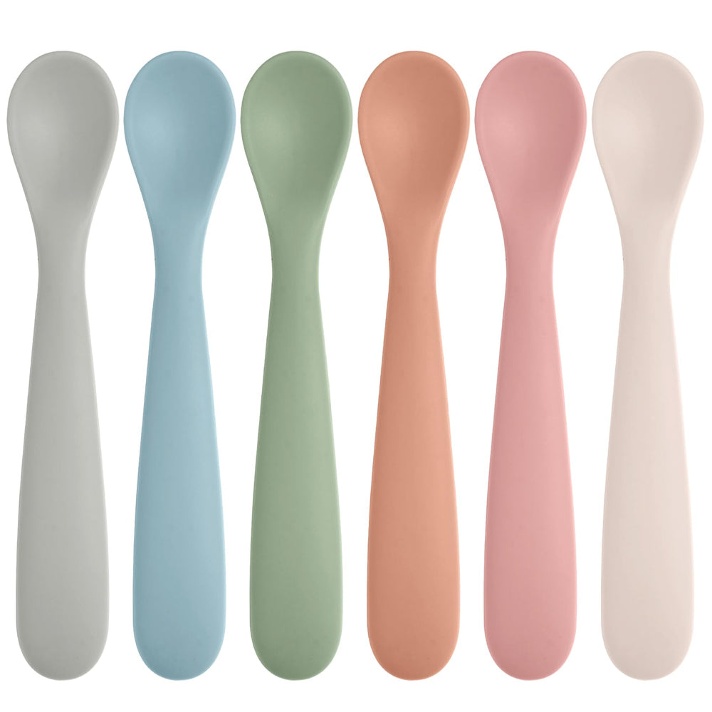 Eascrozn silicone baby spoon set with six colors for independent self-feeding.