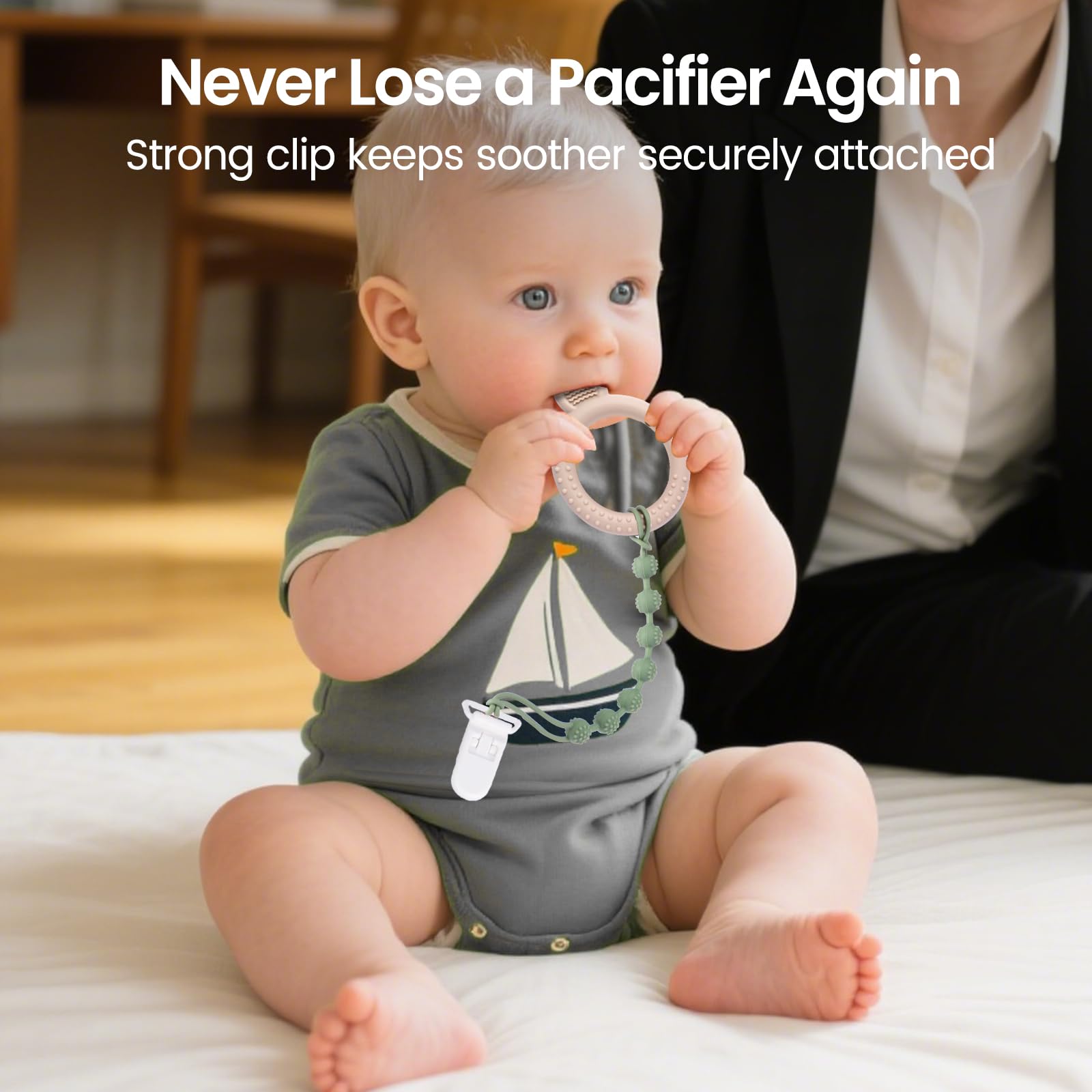 Eascrozn soft flexible pacifier holder offers gentle grip for baby.