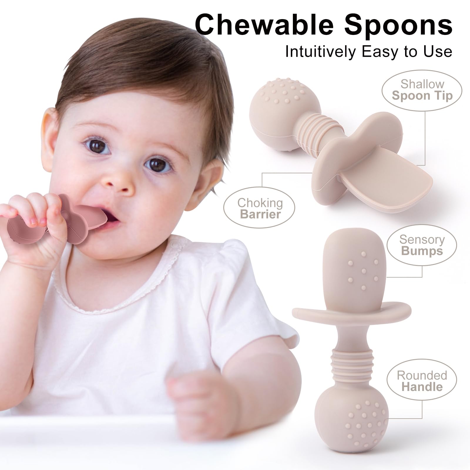 Eascrozn silicone utensils close-up highlighting rounded handles for tiny hands.