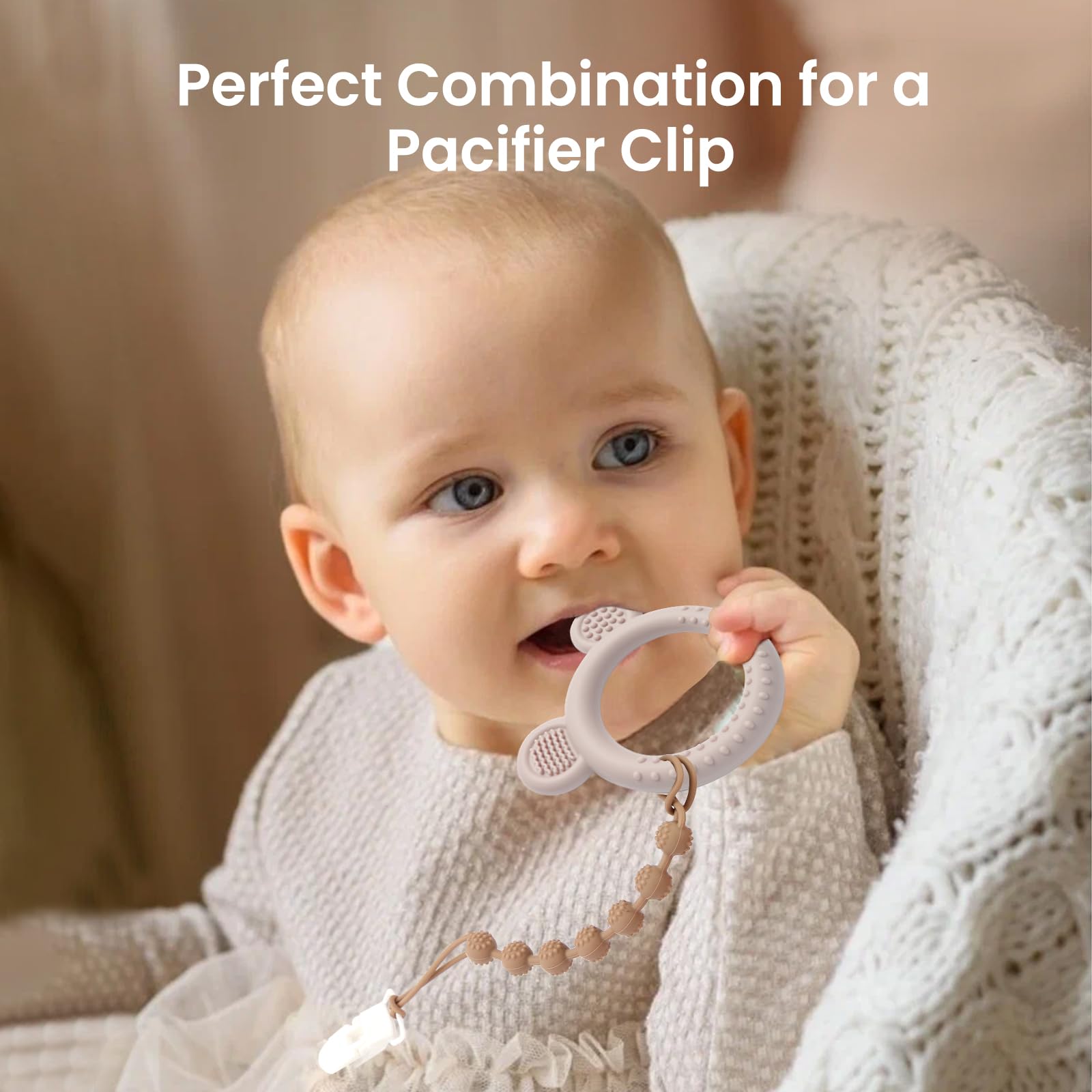 Eascrozn soft textured silicone teether provides safe chewing with flexible, comforting feel.