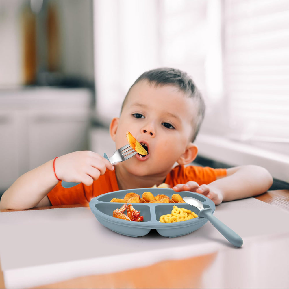 Eascrozn spoons and forks close-up with rounded edges for safe self-feeding.