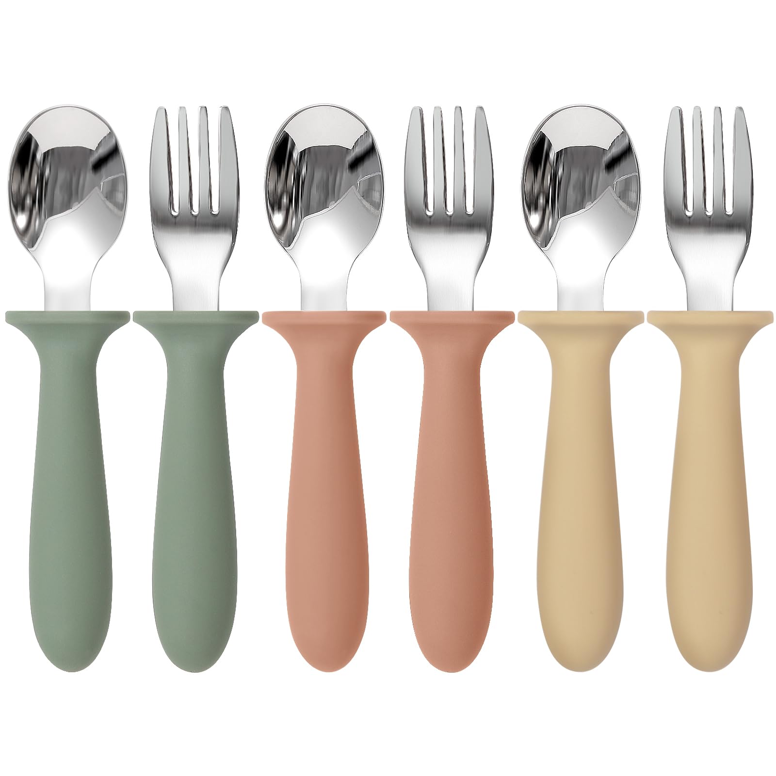 Eascrozn toddler utensils 6-pack in bright colors for independent feeding.