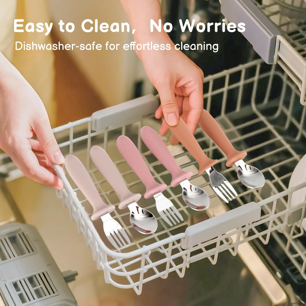 Eascrozn toddler using utensils shows kid-friendly grip encouraging independent eating.