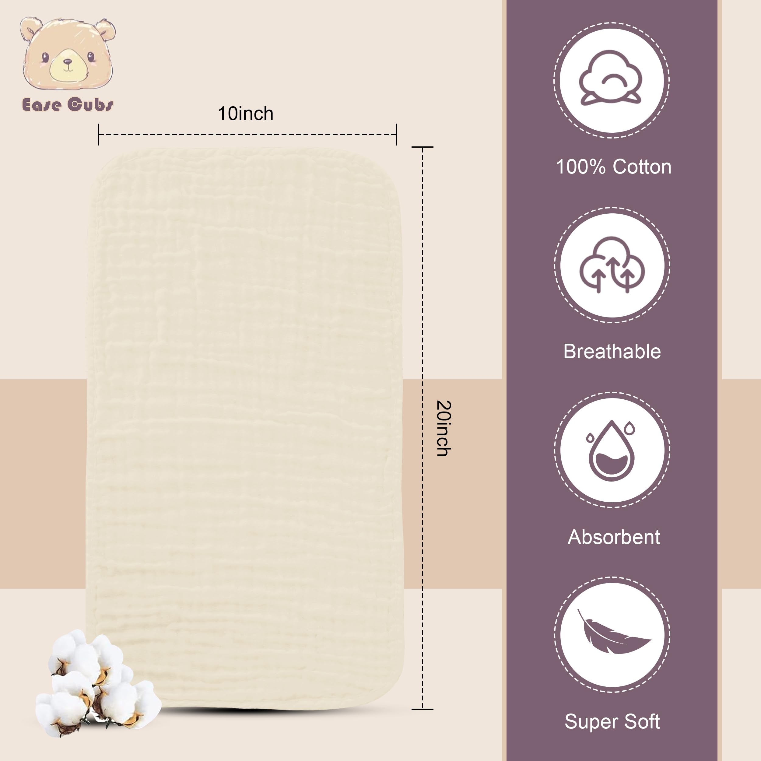 Ease Cubs absorbent muslin cloths quick-dry design keeps baby dry on outings.