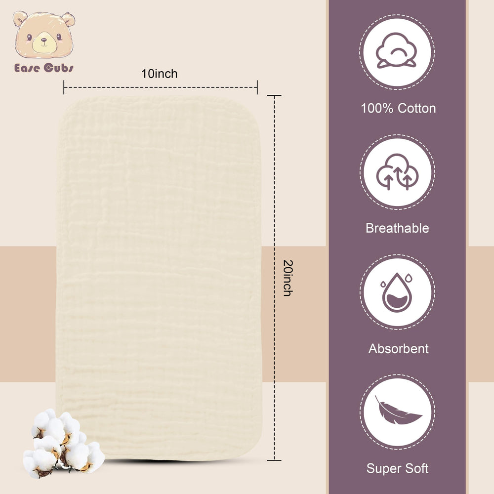 Ease Cubs absorbent muslin cloths quick-dry design keeps baby dry on outings.