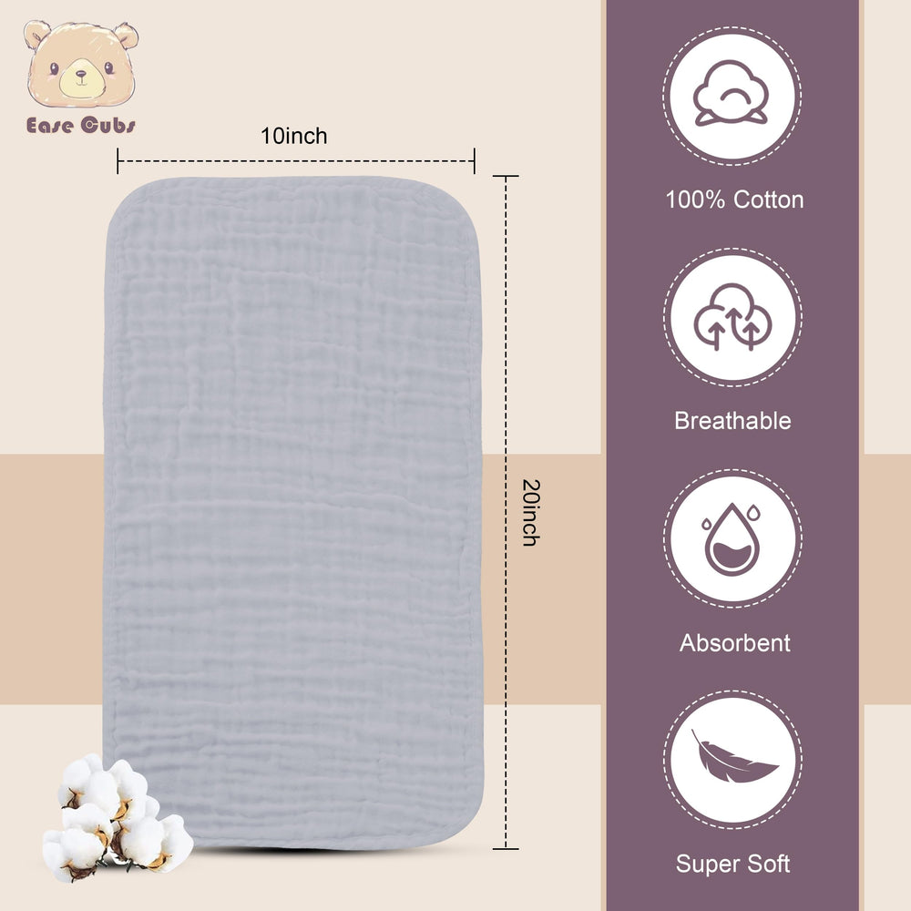 Ease Cubs burp cloths absorbent muslin for quick spill cleanup.