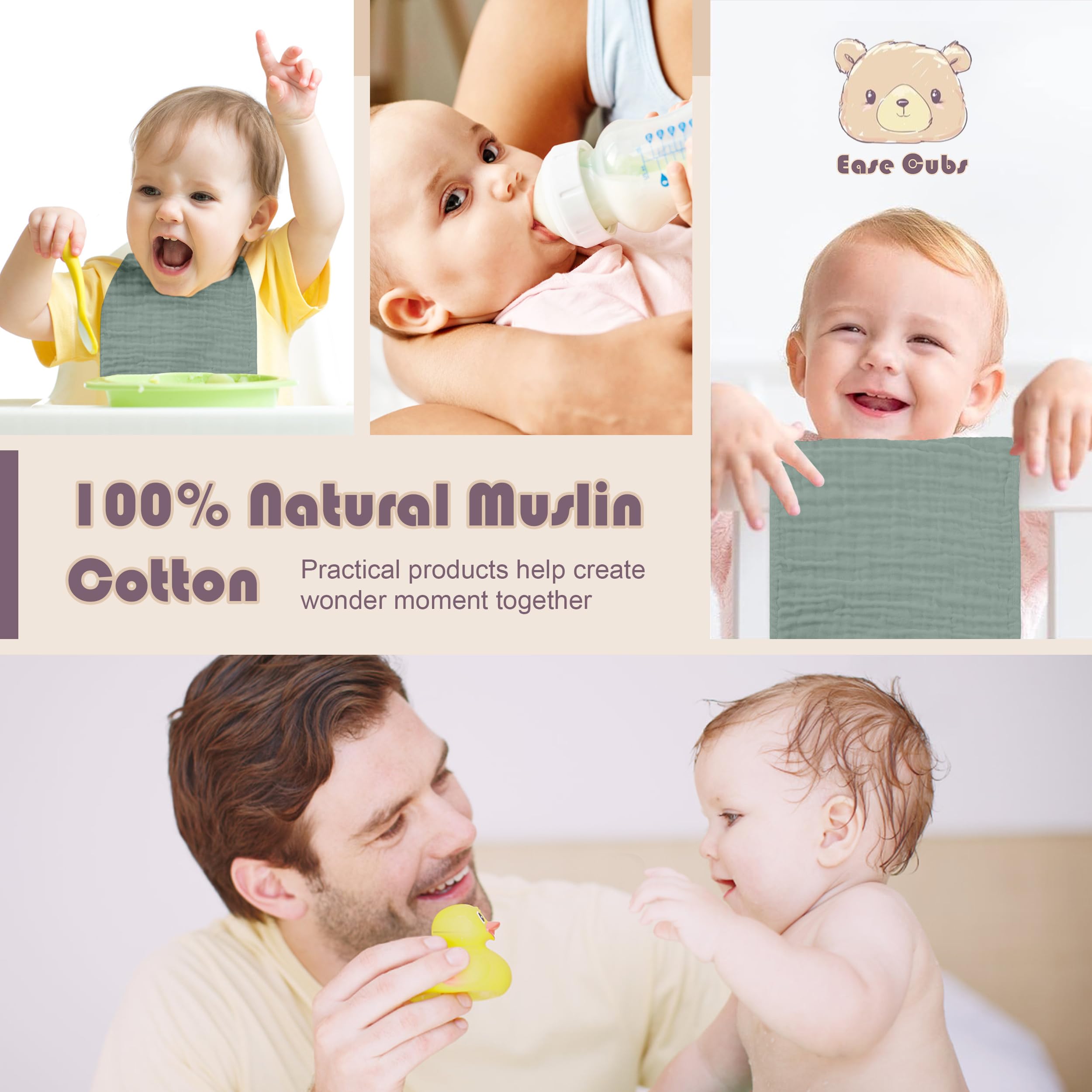 Ease Cubs muslin burp cloths 20x10 inches provide large coverage for burping.