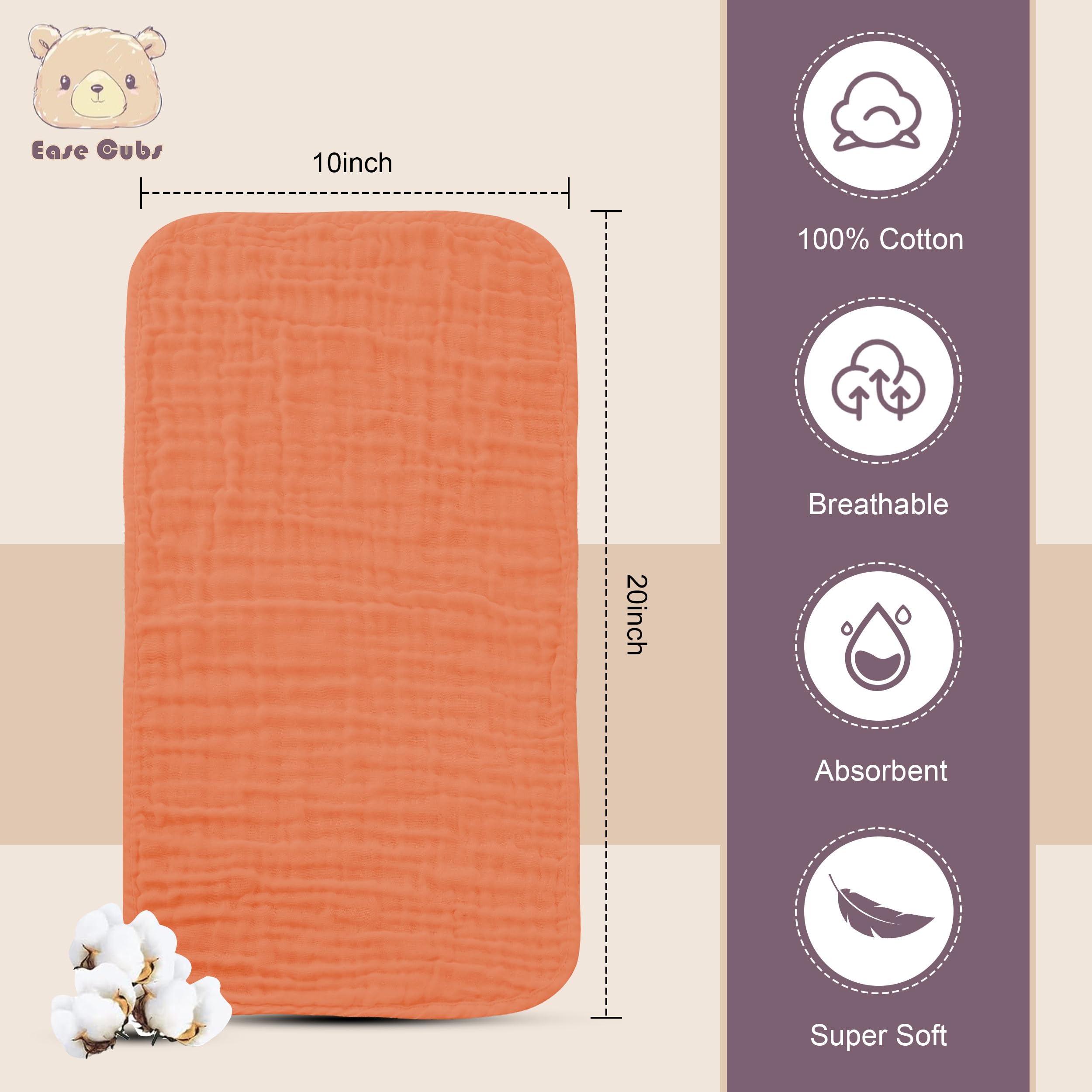 Ease Cubs Muslin Burp Cloths absorbent and quick-drying for mess-free outings.