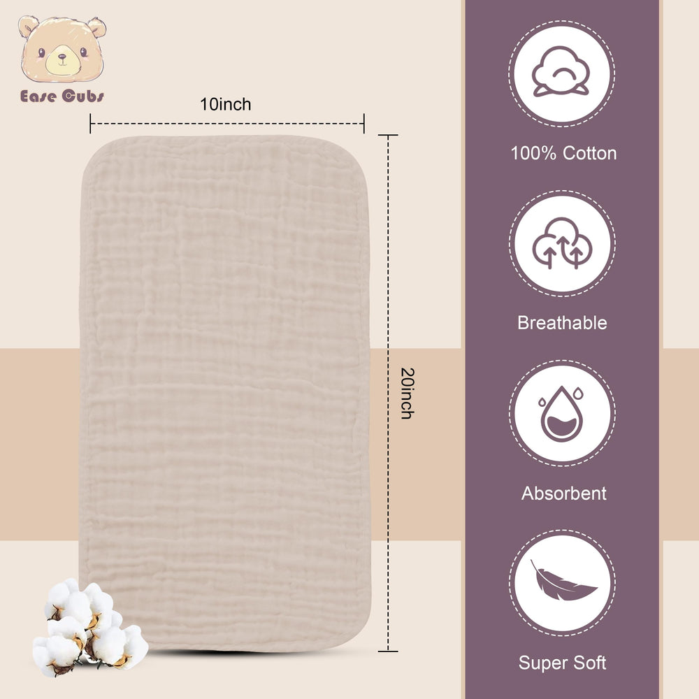Ease Cubs muslin burp cloths closeup highlights premium 100% cotton softness and quick-dry action.