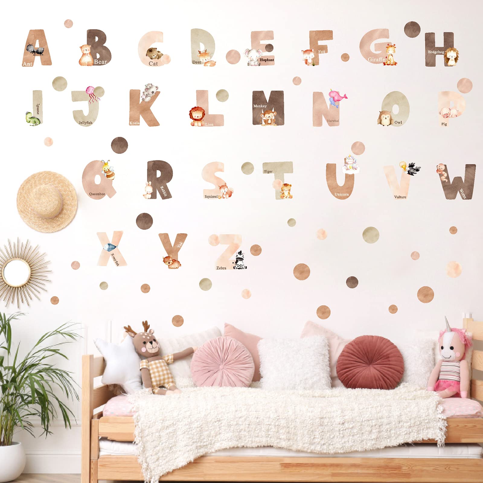 Easma animal alphabet wall decals for kids' bedroom decor that encourages letter exploration.