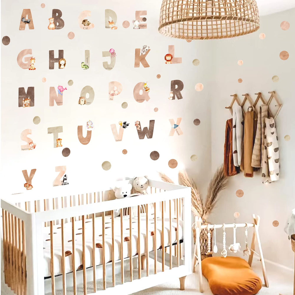 Easma animal alphabet wall decals in a playroom scene enlivening space with color.