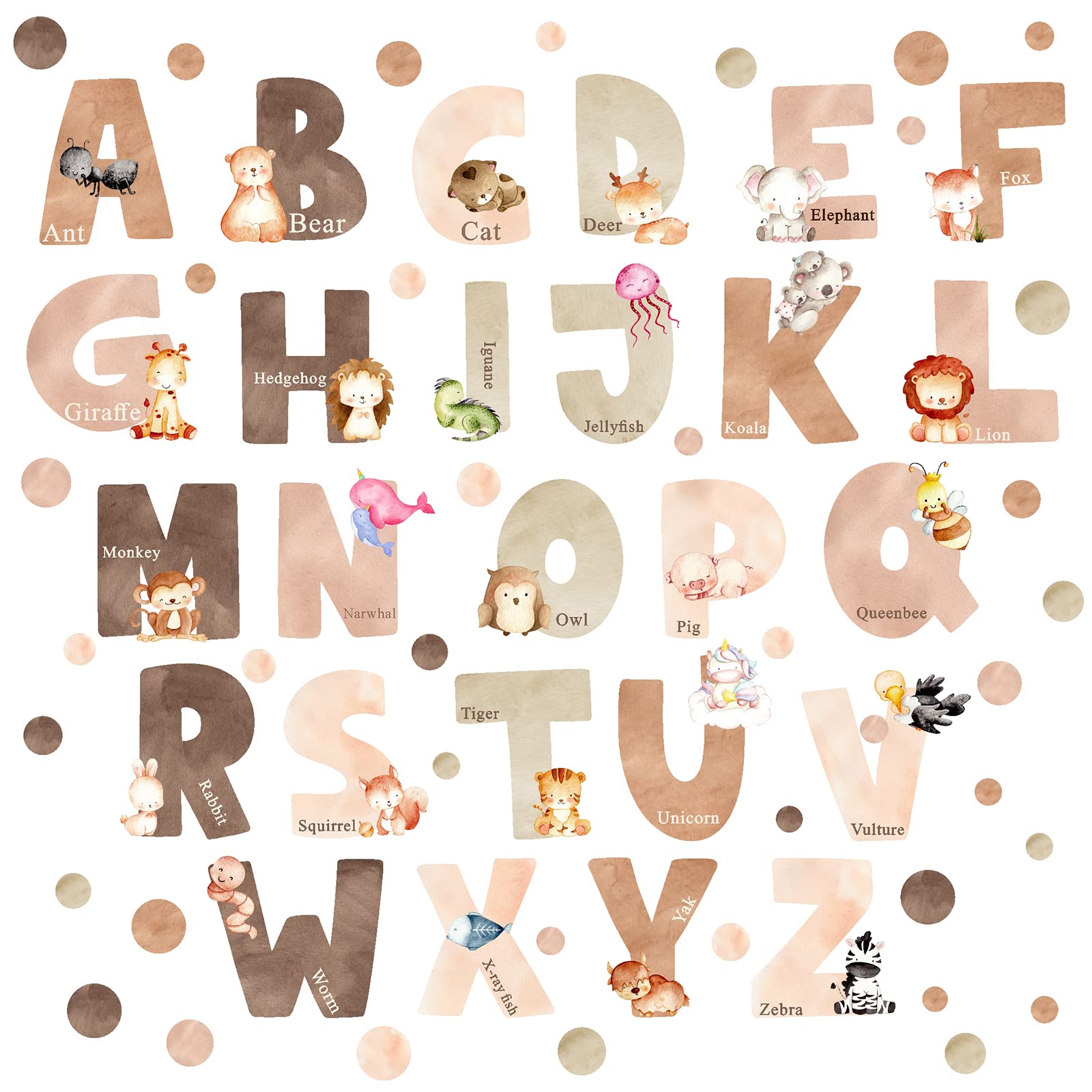 Easma animal alphabet wall decals sheet front showing 26 letters for classroom-like learning.