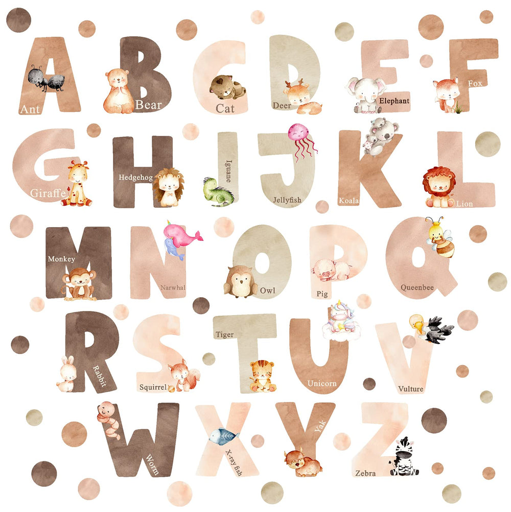 Easma animal alphabet wall decals sheet front showing 26 letters for classroom-like learning.