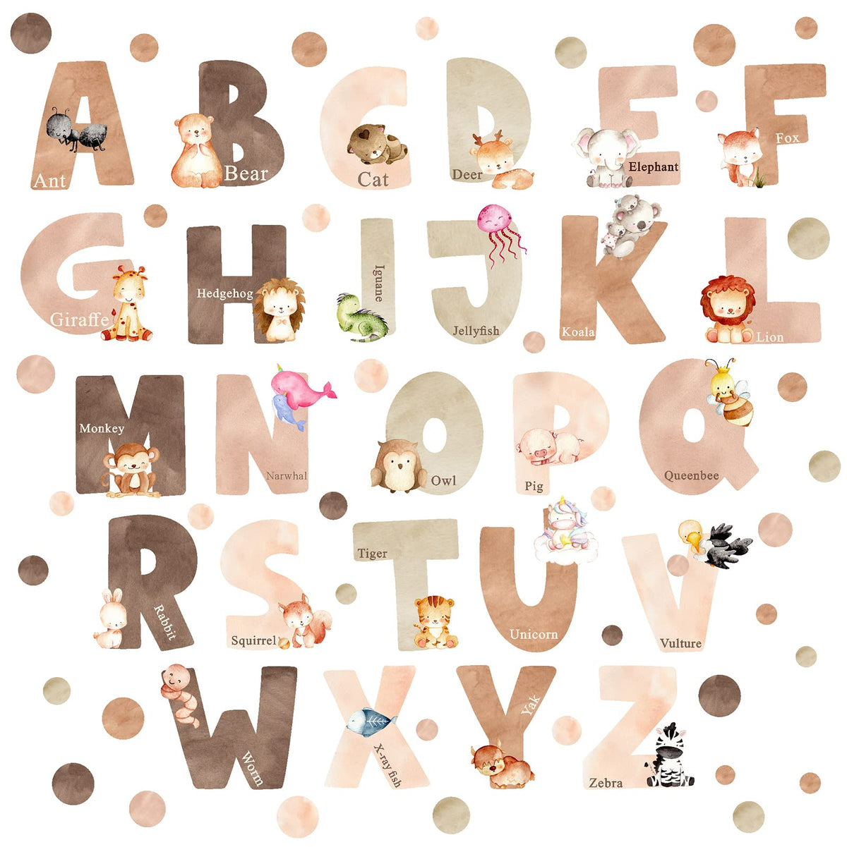 Easma animal alphabet wall decals sheet front showing 26 letters for classroom-like learning.