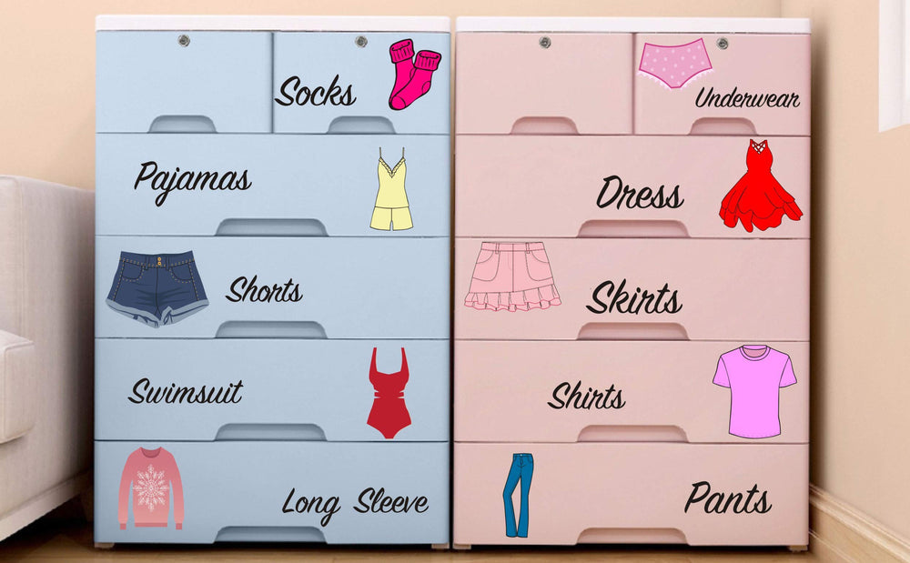 Easma dresser decals for shorts label drawers, helps keep summer basics organized