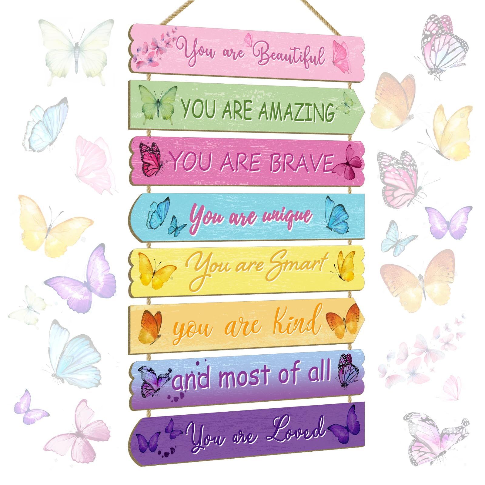 Easozoom butterfly wall decor 8 pieces enhances nursery with pastel whimsy and confidence-boosting quotes.