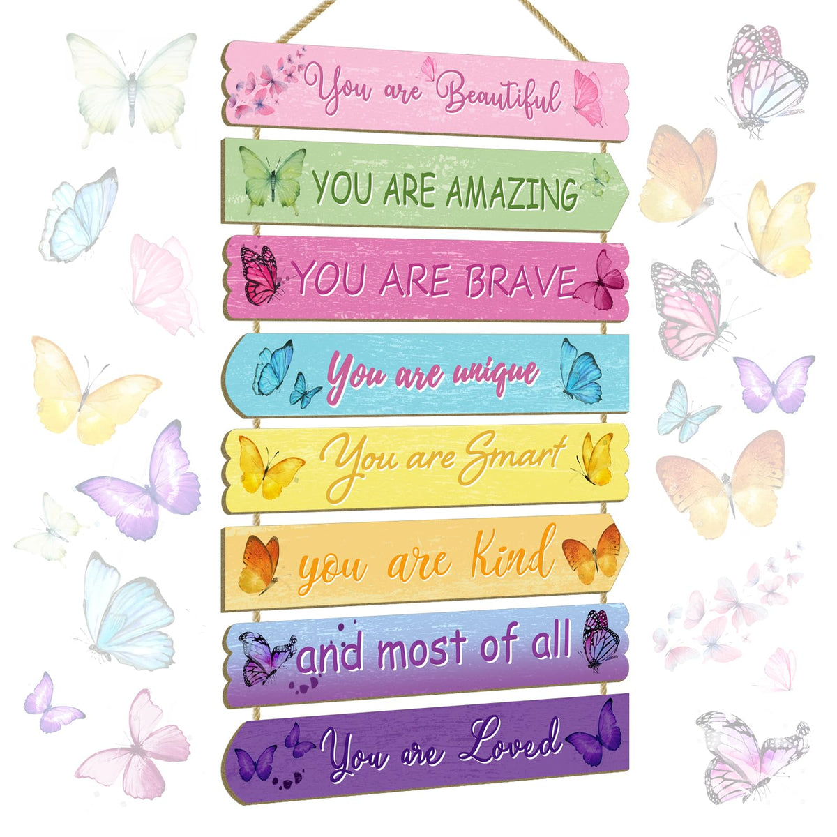 Easozoom butterfly wall decor 8 pieces enhances nursery with pastel whimsy and confidence-boosting quotes.