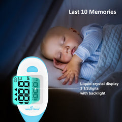EasyAtHome EMT-027 display close-up highlights large numbers for easy reading during fever checks.