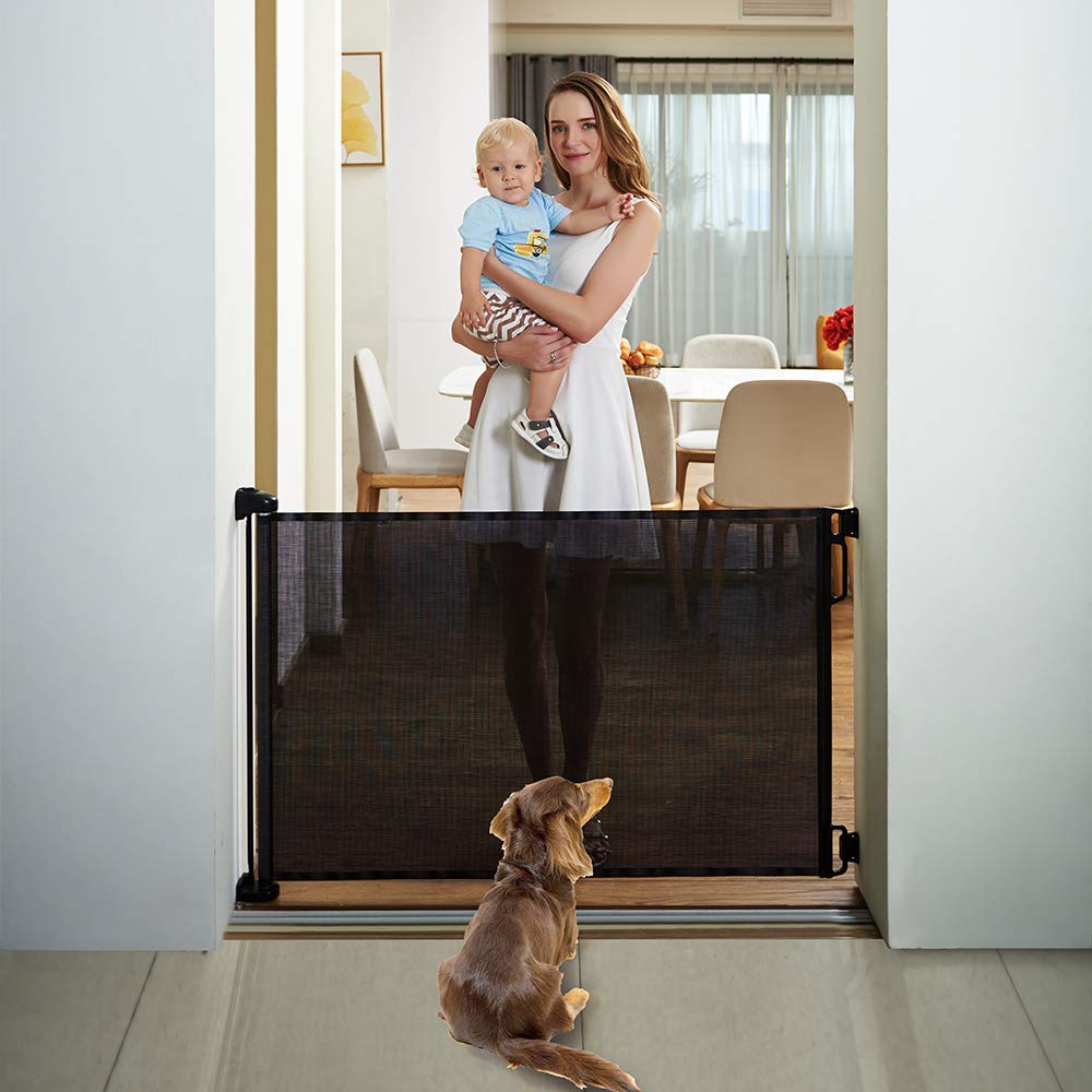 EasyBaby retractable gate extended to 55 inches wide for large openings.