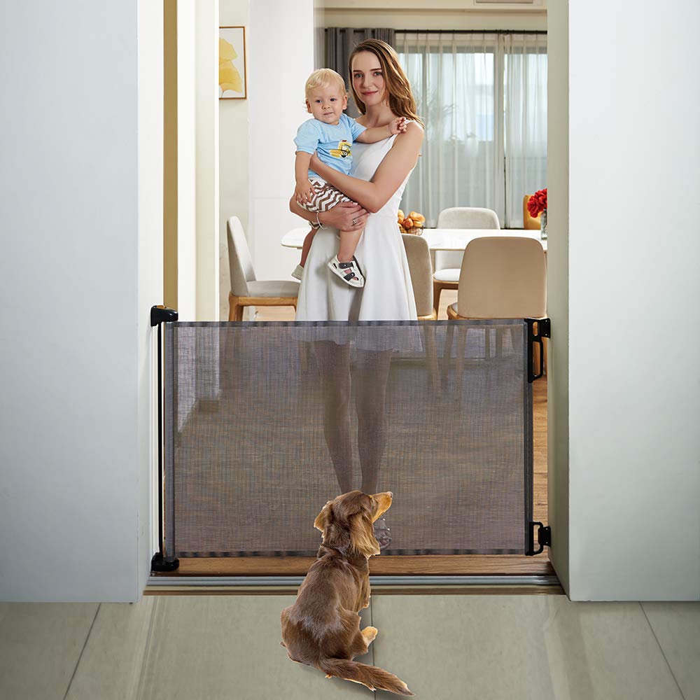 EasyBaby retractable gate fully-extended up to 55 inches covers a wide doorway.