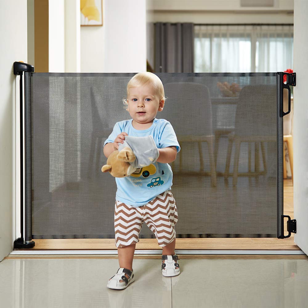 EasyBaby retractable-gate storage depicts a compact, space-saving design when not in use.