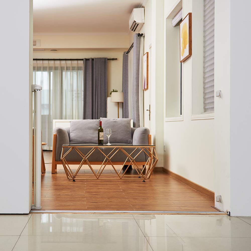 EasyBaby retractable gate white finish blends with decor