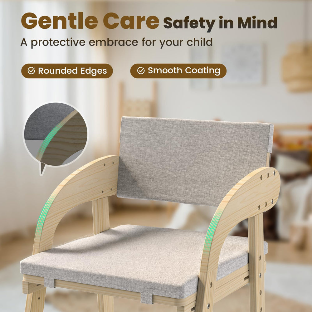 Easyego high chair features safety-rounded corners to reduce injury risk during busy mealtimes.
