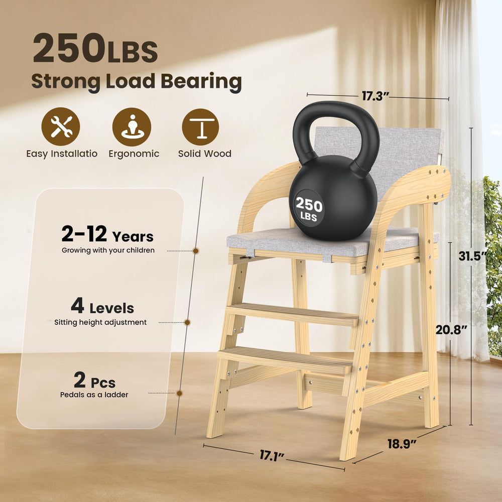 Easyego wooden high chair demonstrates six seat positions for different ages and activities.