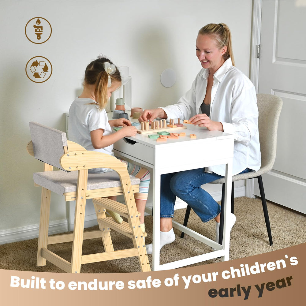 Easyego high chair's sturdy trapezoidal design supports stable dining and playtime.