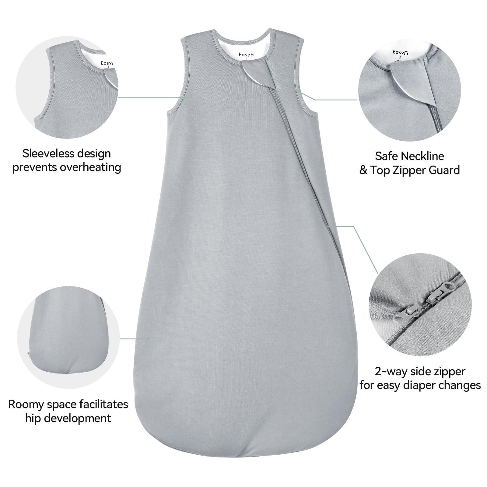 EasyFi sleep sack features a 2-way zipper for convenient diaper changes.
