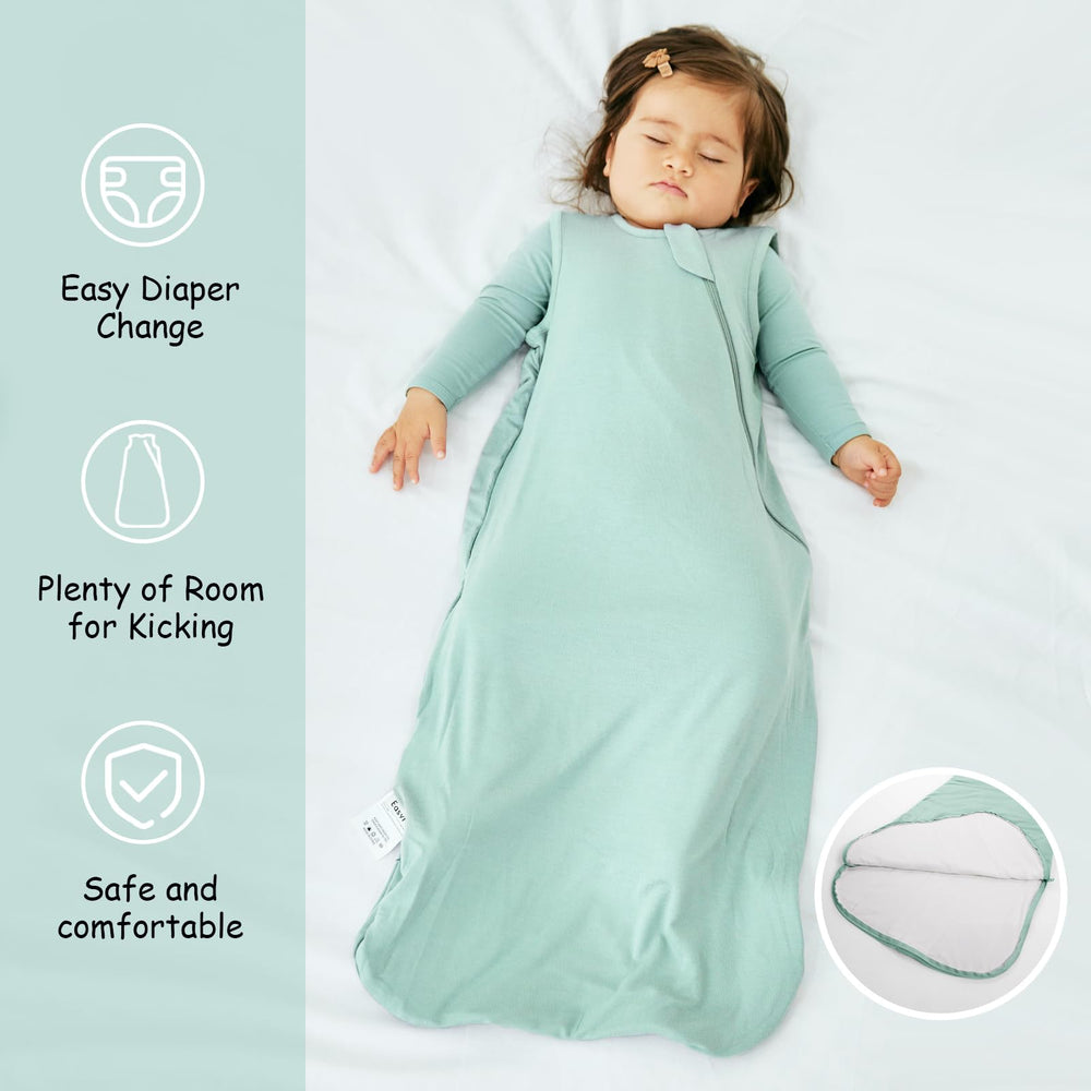 EasyFi baby wearing sleep sack demonstrates breathable fabric for all-season use.