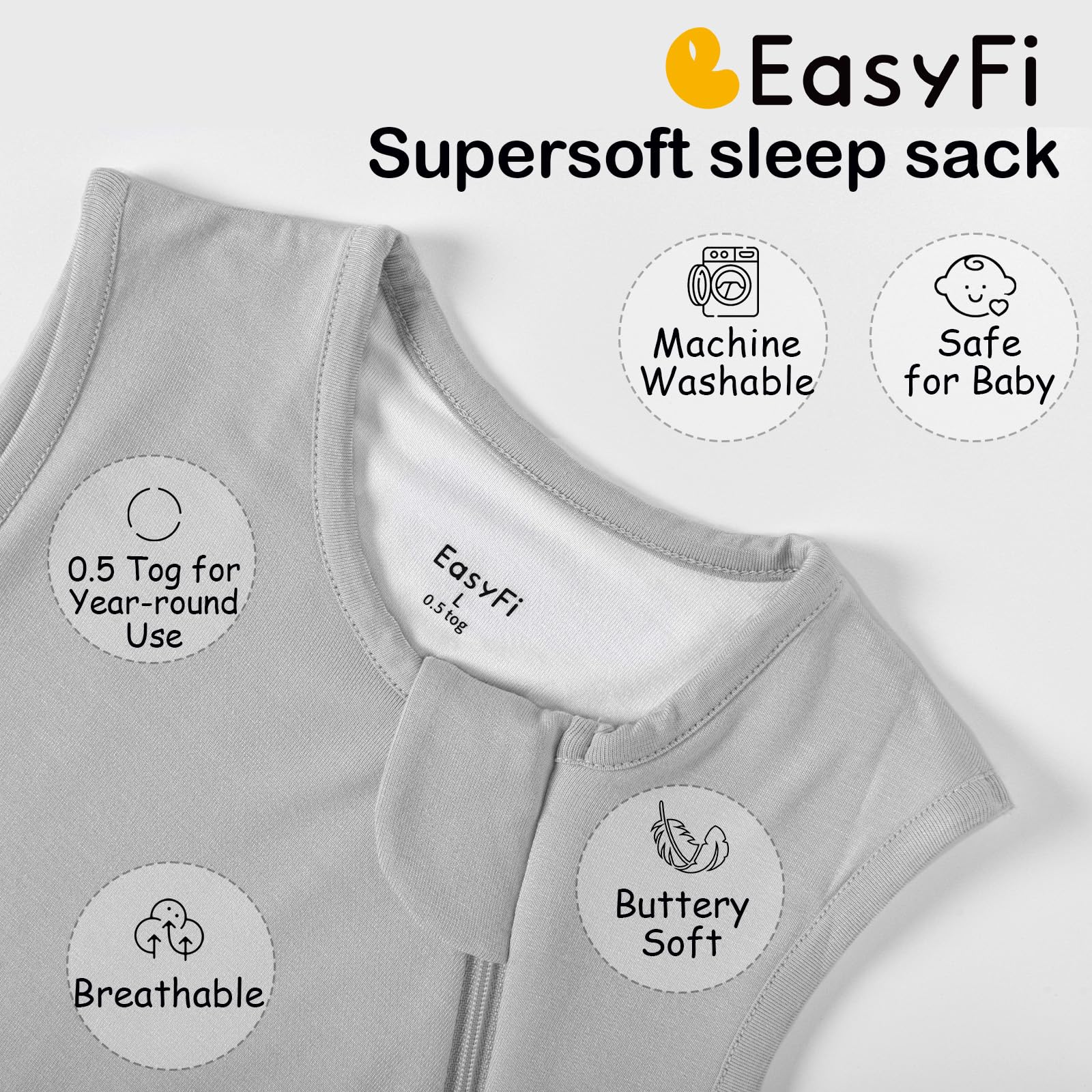 EasyFi bamboo sleep sack gray lower zipper area enables diaper changes without full removal.