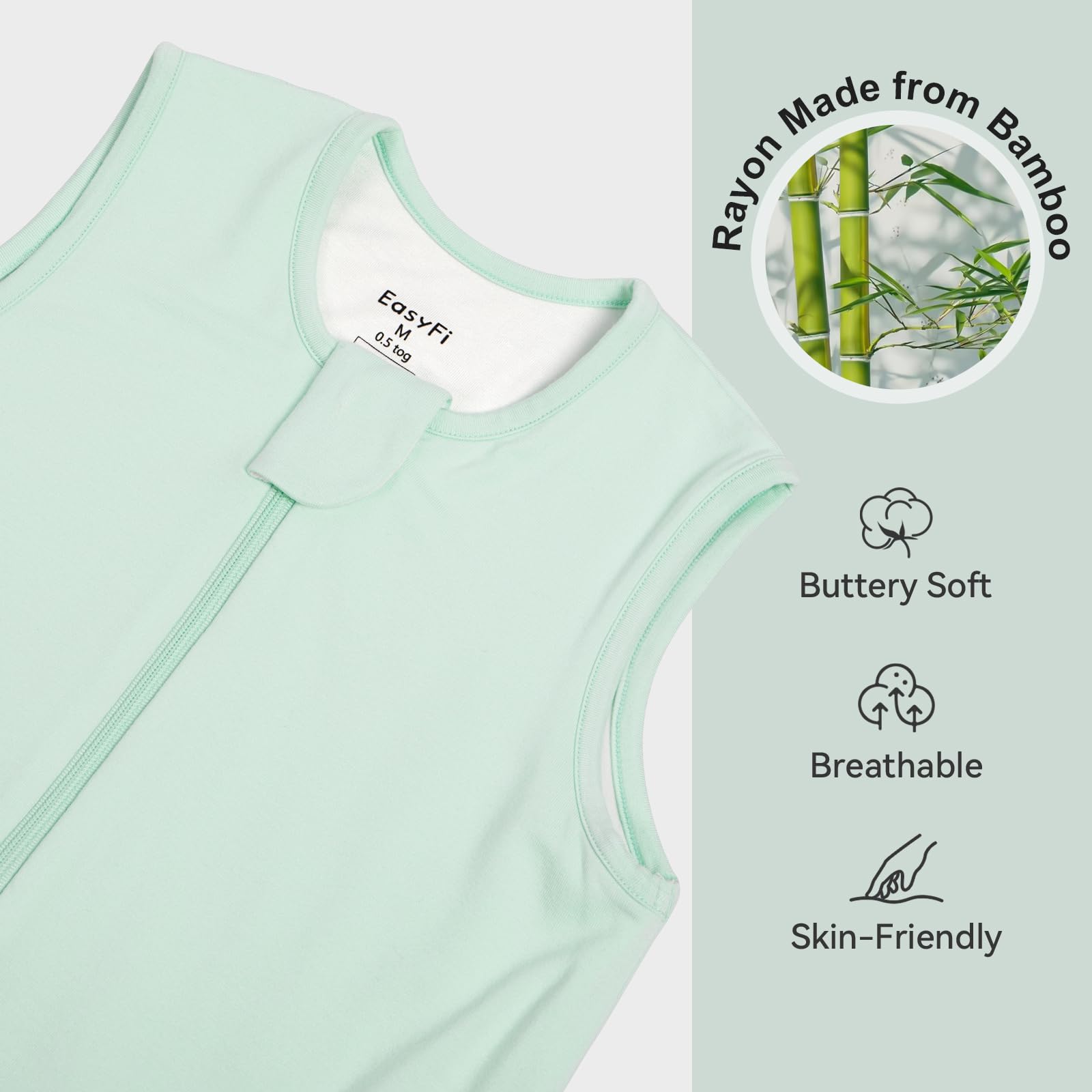 EasyFi Bamboo Sleep Sack with 2-way zipper enables easy diaper changes and hassle-free dressing.