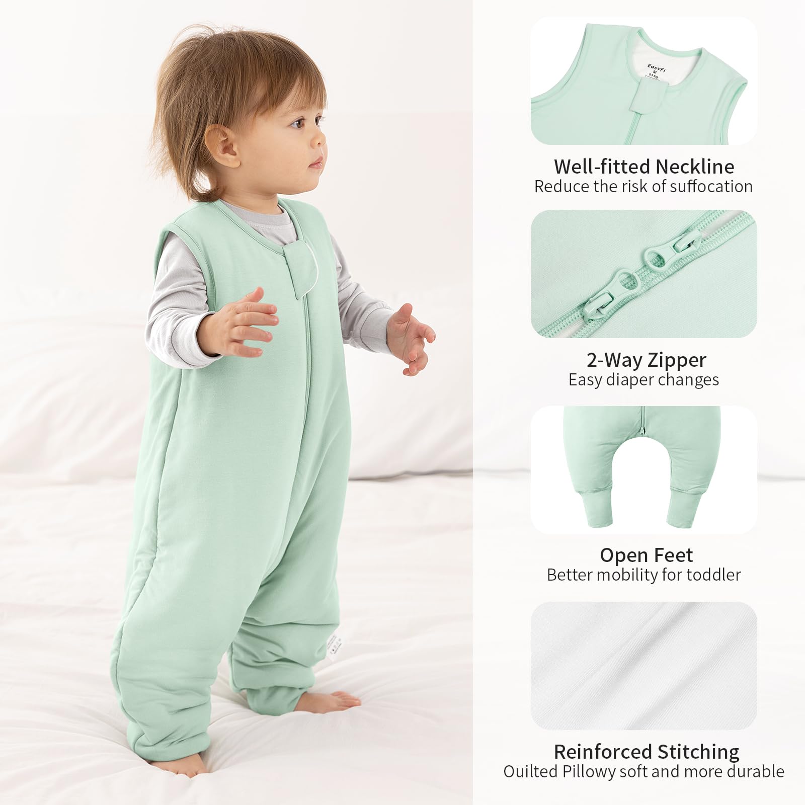 EasyFi Sleep Sack zipper guard protects baby's face for safer night-time wear.