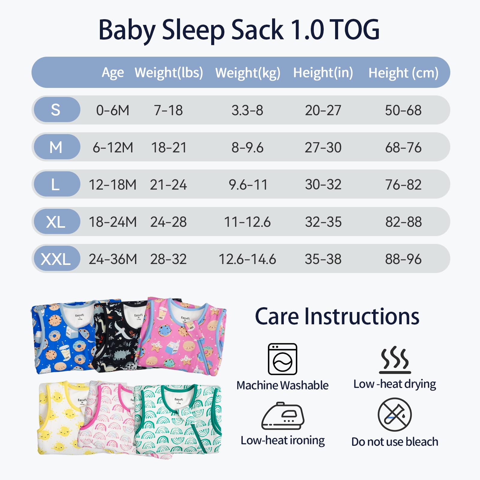 EasyFi sleep sack image illustrating machine-washable care for busy families.