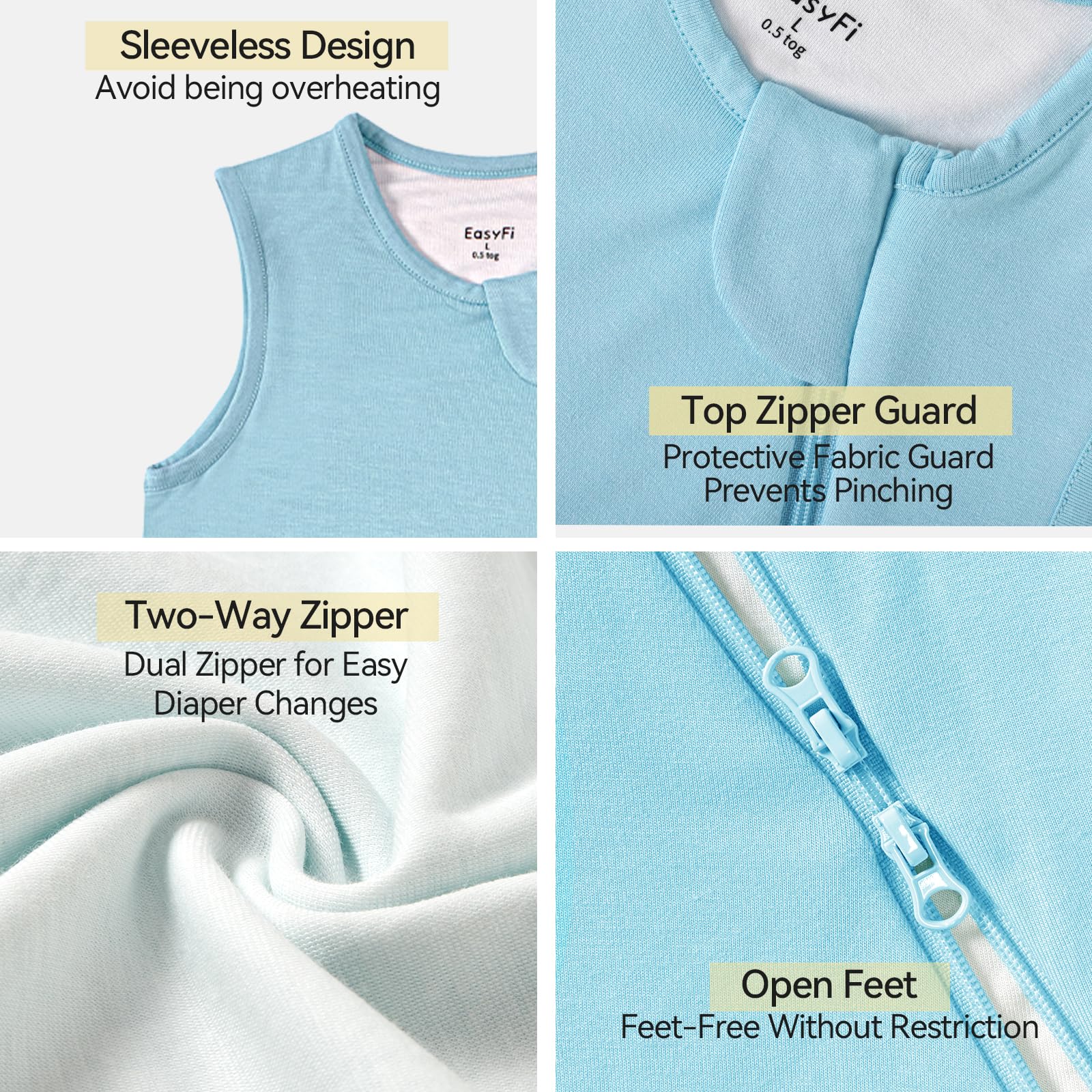 EasyFi sleep sack features a zipper protector to shield baby's face.