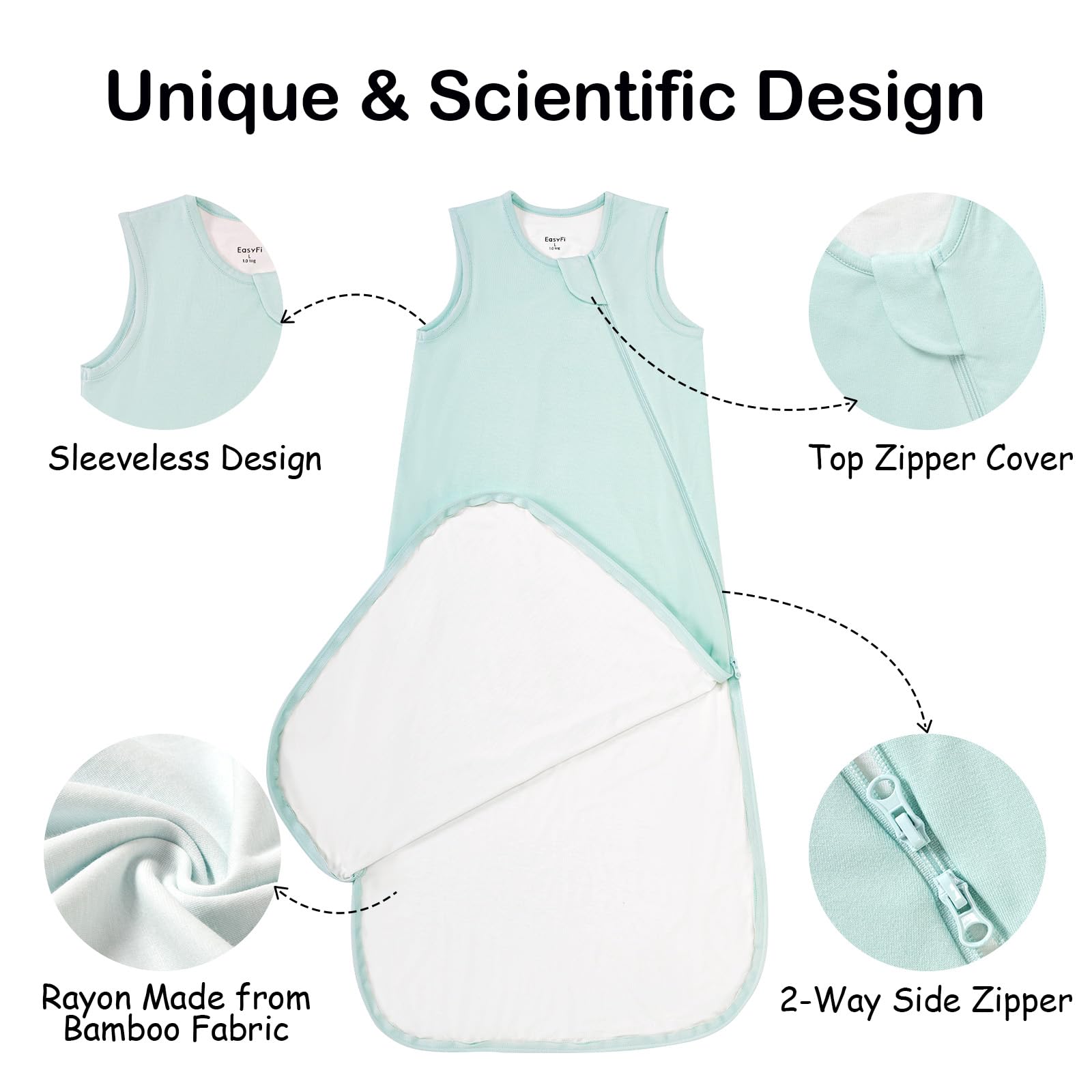 EasyFi bamboo sleep sack 2-way zip detail showing easy midnight changes
