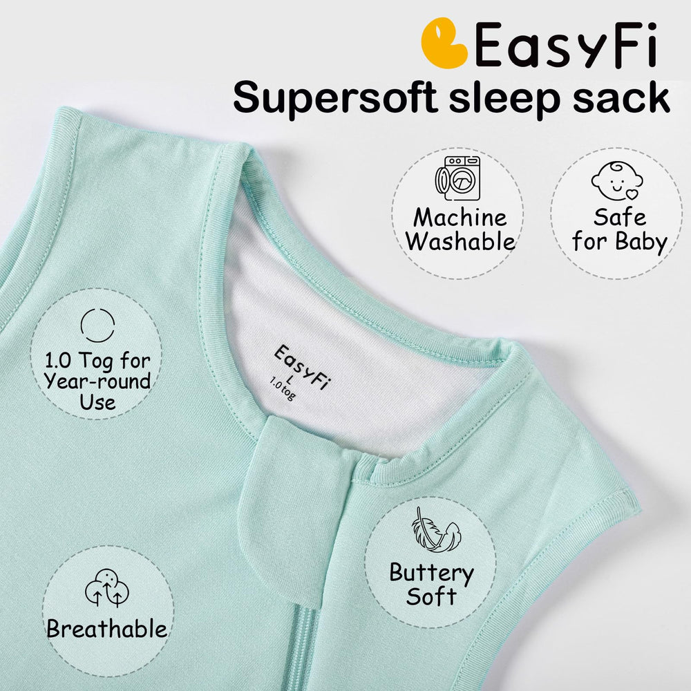 Baby wearing EasyFi sleep sack demonstrates frog-leg freedom.