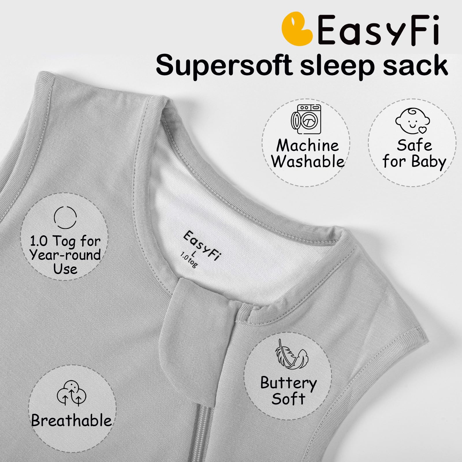 EasyFi Supersoft sleep sack gray worn by baby for cozy wear
