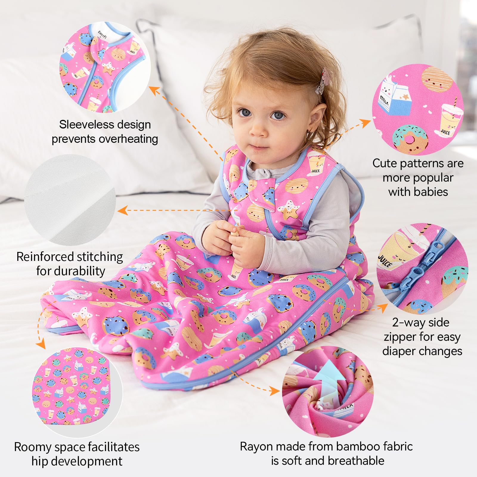 EasyFi toddler sleep sack unisex pattern showcases cute design encouraging wearing.