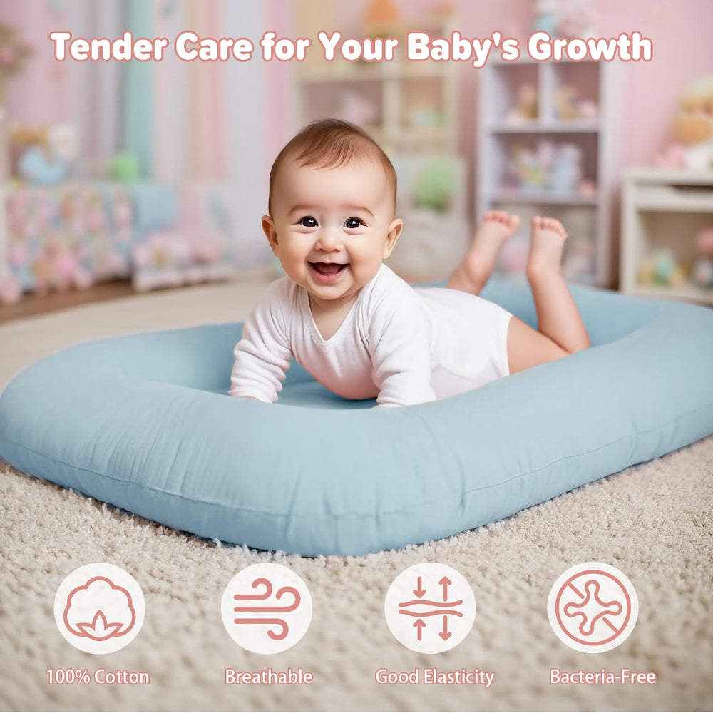 EasyFORALL baby lounger blue front-on showcases breathable cotton for infant comfort.
