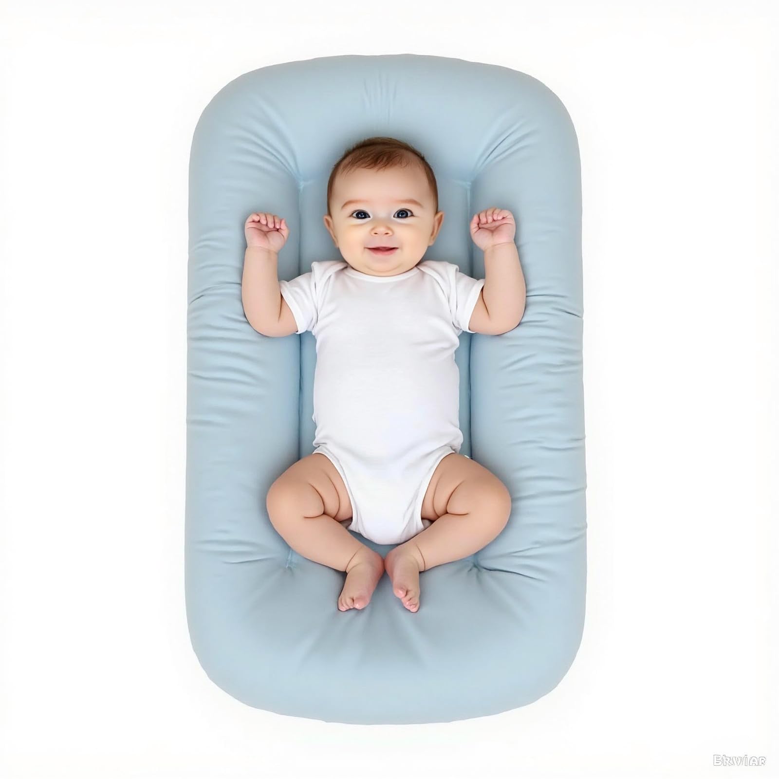 EasyFORALL baby lounger blue side view supports safe bonding and comfy playtime.