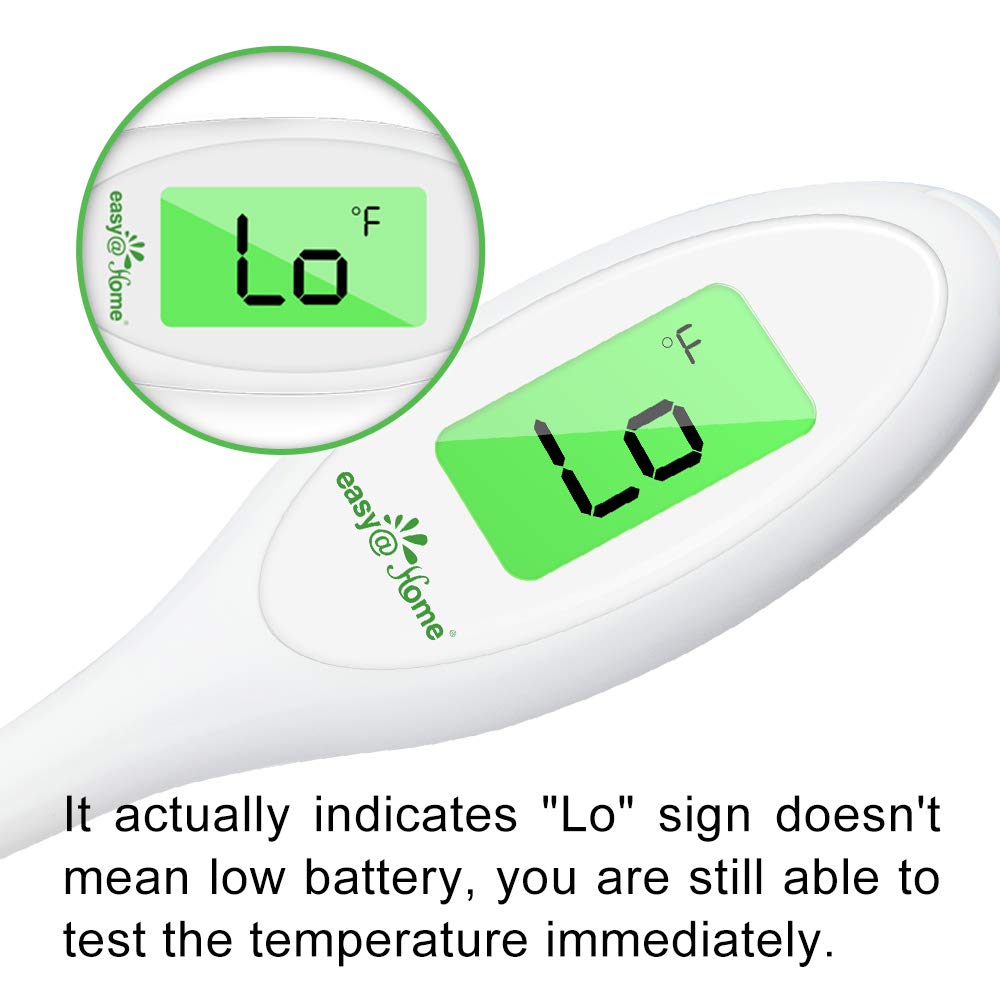 Easy@Home EMT-A12 fever alarm and two-color backlight display.