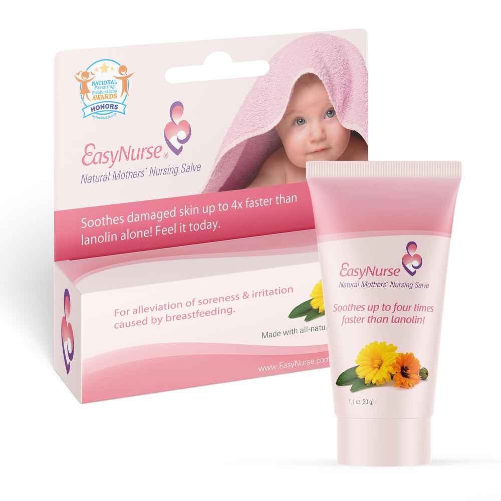 Easynurse Nursing Salve bottle close-up shows natural support for mom and baby.