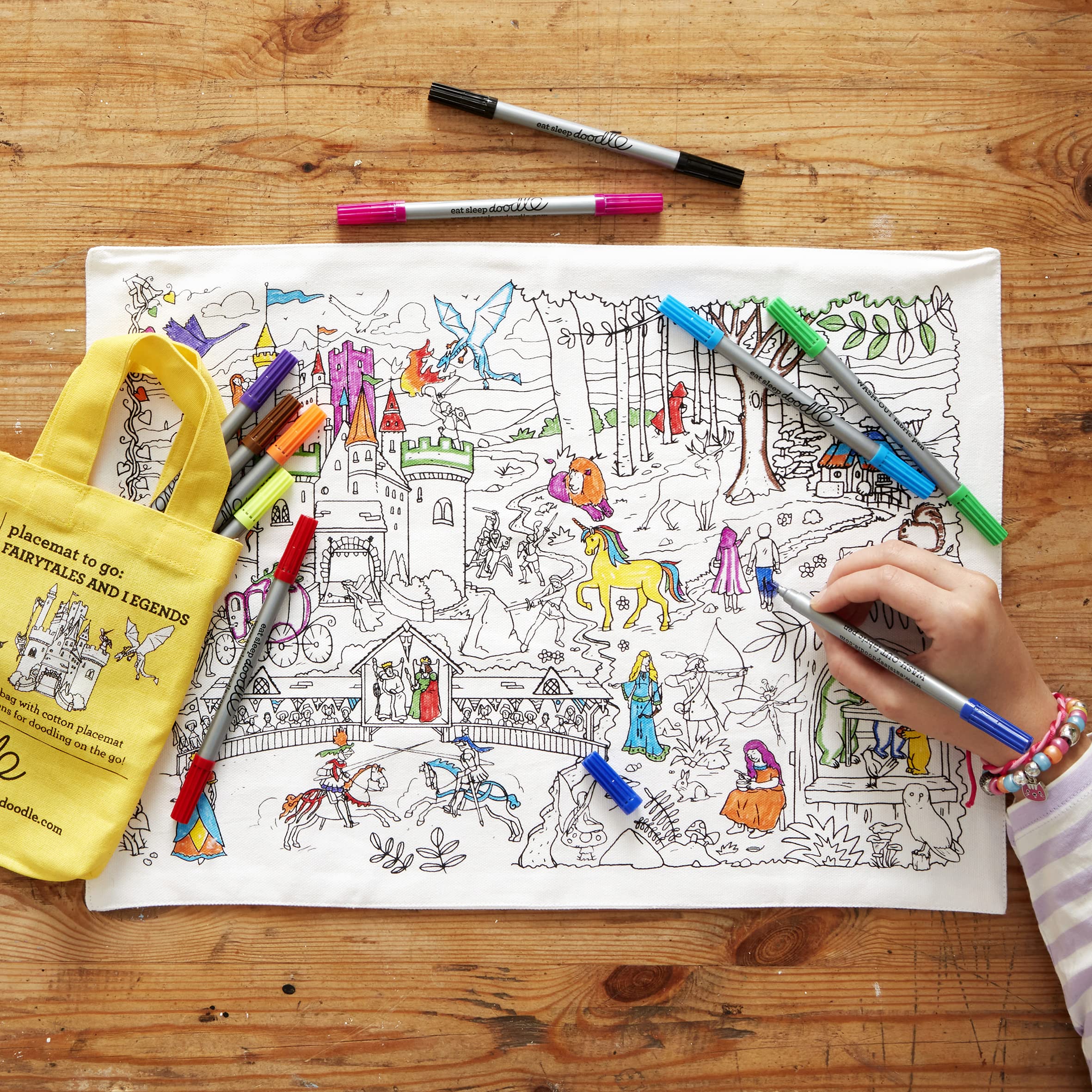 eatsleepdoodle Fairy Tale placemat coloring-scene supports imaginative meals and fine-motor practice