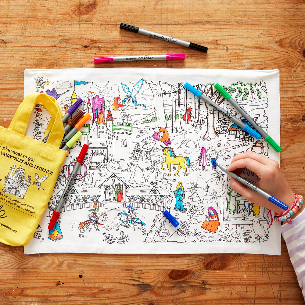 eatsleepdoodle Fairy Tale placemat coloring-scene supports imaginative meals and fine-motor practice
