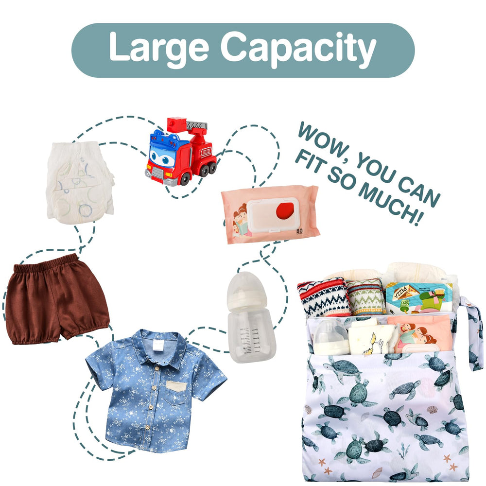 Eaxin wet bag with snap handle attached to stroller for easy access.