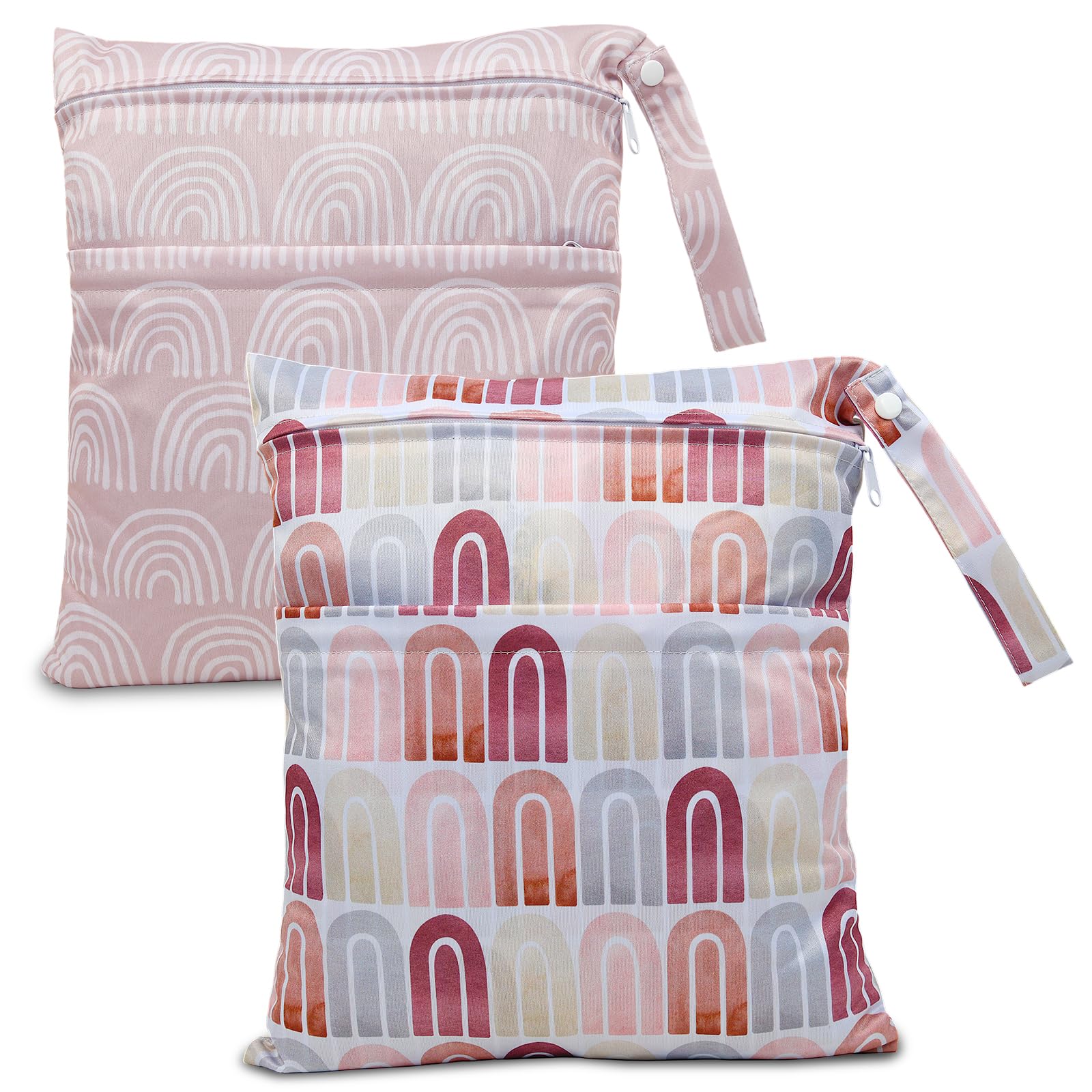 Eaxin wet-dry-bags pink rainbows front view shows spacious diaper storage.