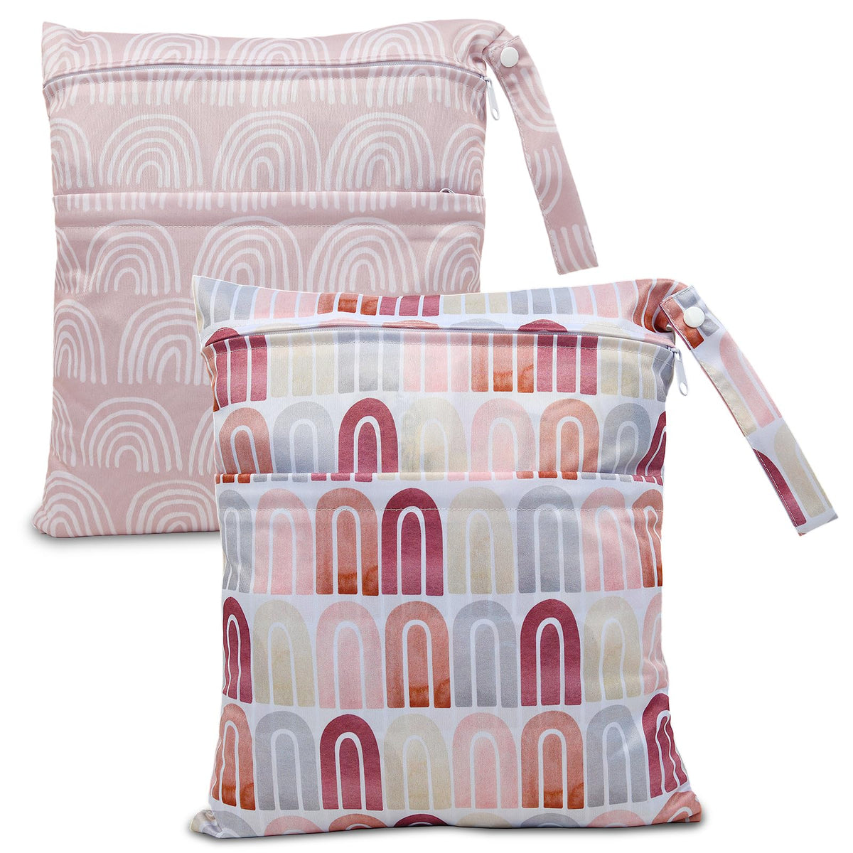 Eaxin wet-dry-bags pink rainbows front view shows spacious diaper storage.